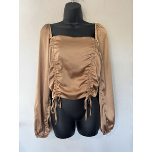 MISS LOLA Satin Ruched Square Neck Long Sleeve Crop Top Gold Size S Medieval